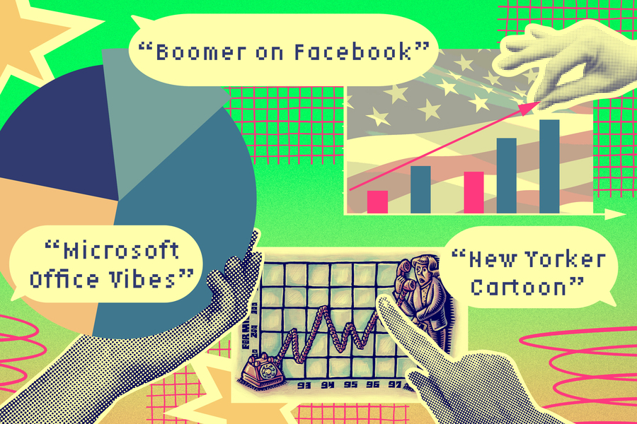 Three types of charts and text bubbles say, “Boomer on Facebook,” “Microsoft Office Vibes,” and “New Yorker Cartoon.”