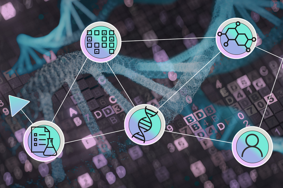 A network showing DNA, chemistry, data alignment, and a human icon