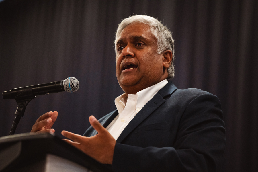 Close-up of Anantha Chandrakasan speaking at a lectern 