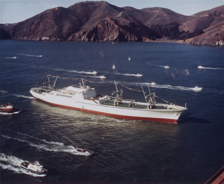 Faded 1962 photo of merchant ship NS Savannah in the San Francisco Bay