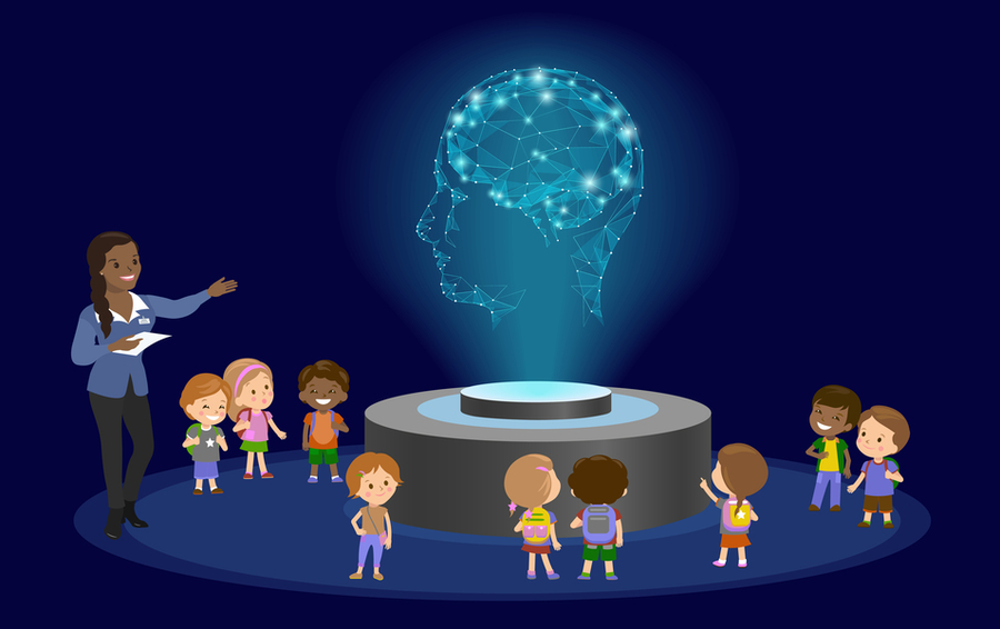 Nine cartoon children and a teacher surround a raised circular platform projecting a digital image of a human head