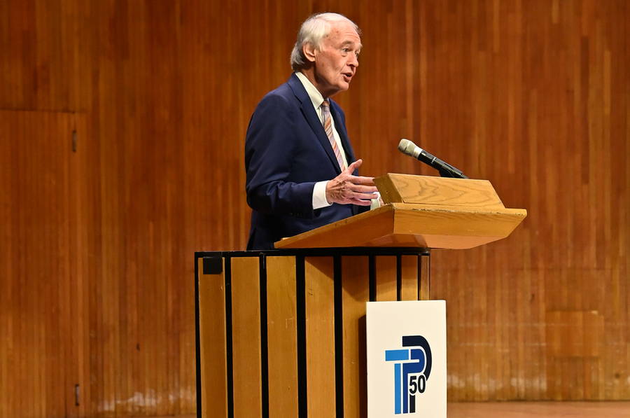 Edward J. Markey speaks at a lectern on a stage.