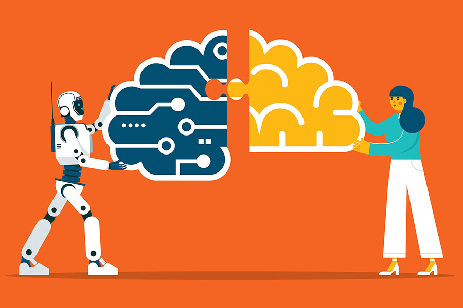 Cartoon illustration of a robot holding an artificial brain and a human holding a biological brain, which fit into each other like a jigsaw puzzle