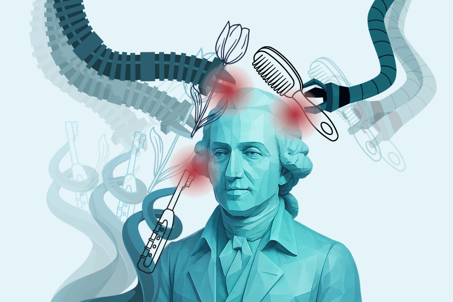 Bust of a man in colonial garb being tended by robotic manipulators holding a comb, a toothbrush, and a tulip