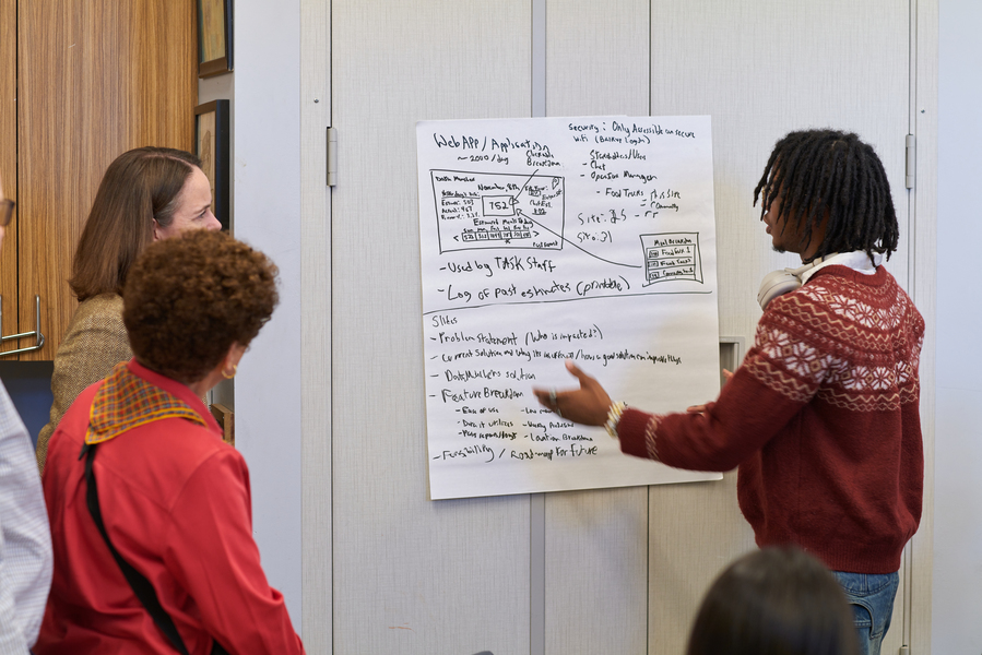 Three people, seen from behind, stand in front of a poster-sized paper with a prototype drawn on it.