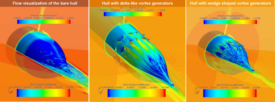 Three colorful 3D computer models depicting fluid flows around sections of three variants of a ship's hull