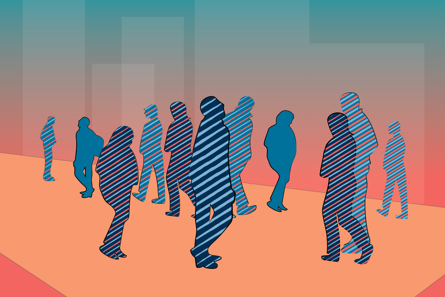 Illustration of silhouttes with different combinations of stripes walking on a street. 