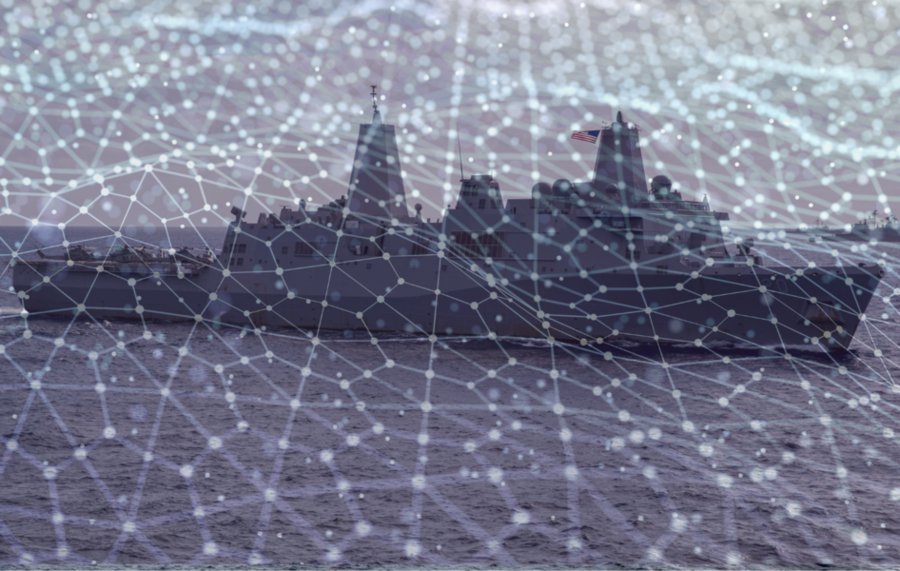 Photo illustration of naval ship with a grid of points and lines overlaid