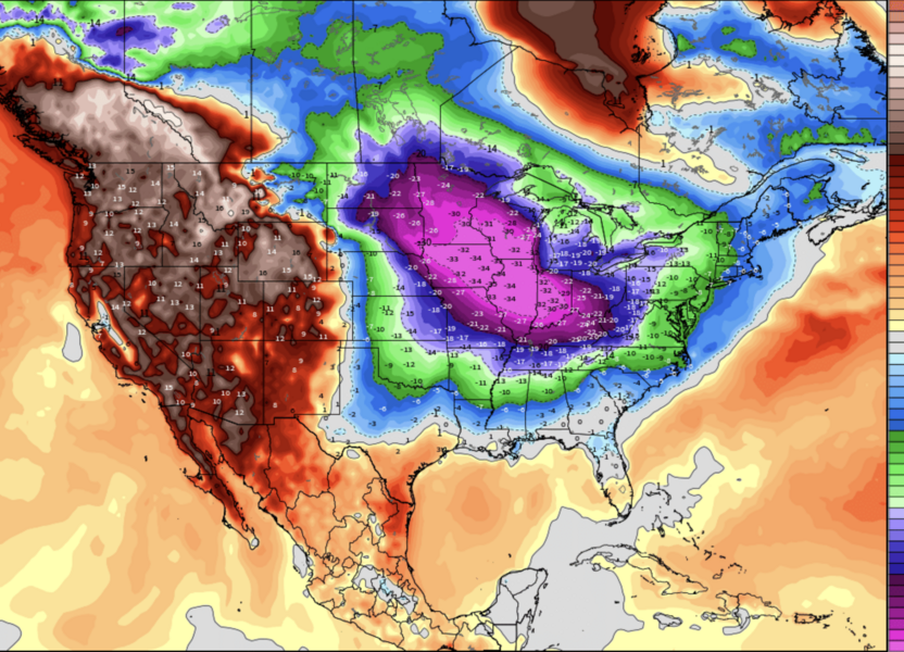 A United States map with a brightly colored overlay highlighting temperature differences across various states and regions.
