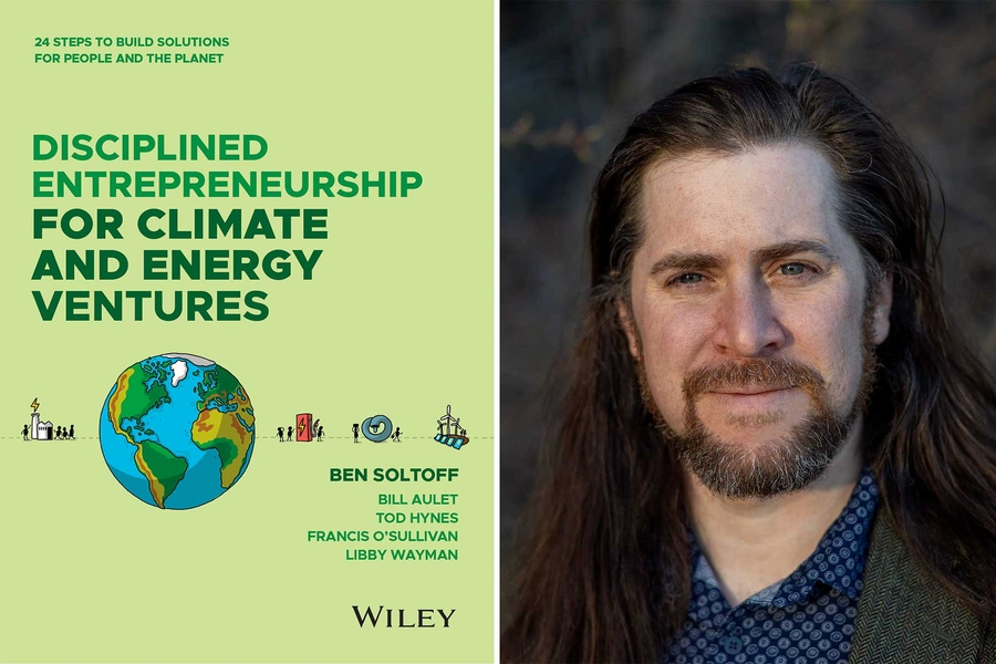 On left, the green cover includes the title, authors and byline, “24 Steps to Build Solutions for People and the Planet.” On right, a portrait of Ben Soltoff.