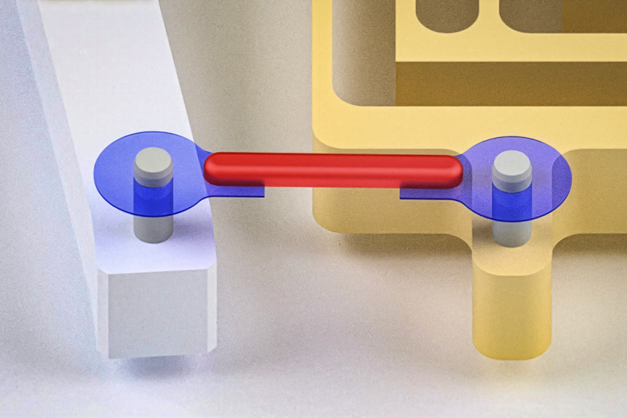 A long red “muscle” connects 2 blue, circular discs that are attached to the unit.