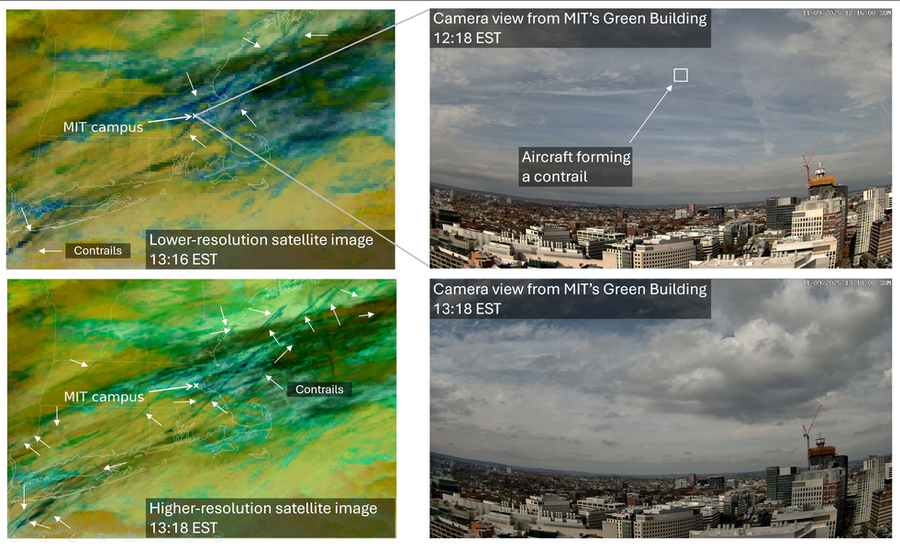 On left, aerial view of New England with MIT campus labeled. Arrows point to contrails; bottom high-res has many more arrows. On right, camera on the Green Building shows a single contrail.