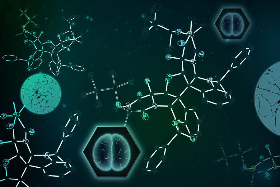 Stylized verticillin A molecules and brain and health icons.