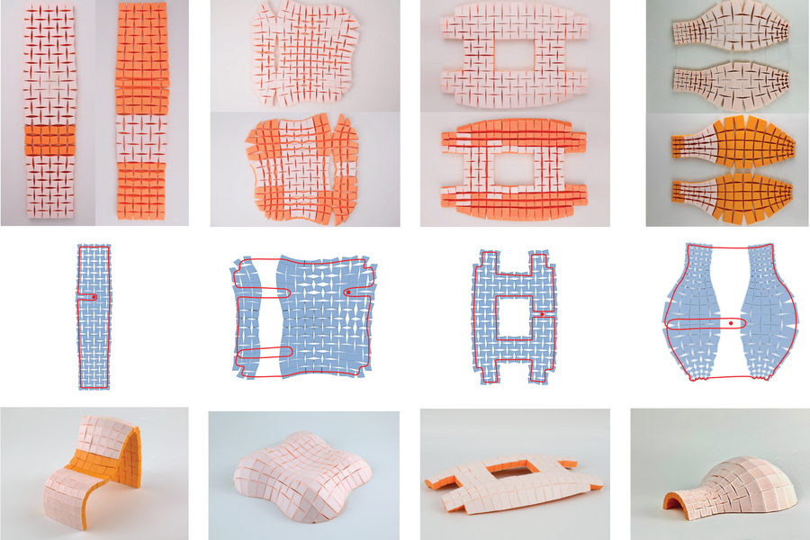 Figure shows how a tiny chair, igloo, and two other 3D structures are made. On top, the building material for the 4 shapes are made of tiny interconnected blocks in custom shapes. Middle row shows the string route and where to pull the string.