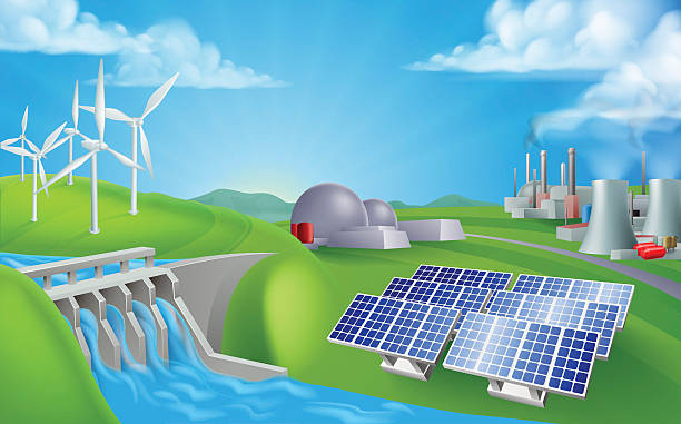 Illustration shows energy sources, including wind, solar, and hydropower in the foreground, with nuclear and fossil fuel plants in the background