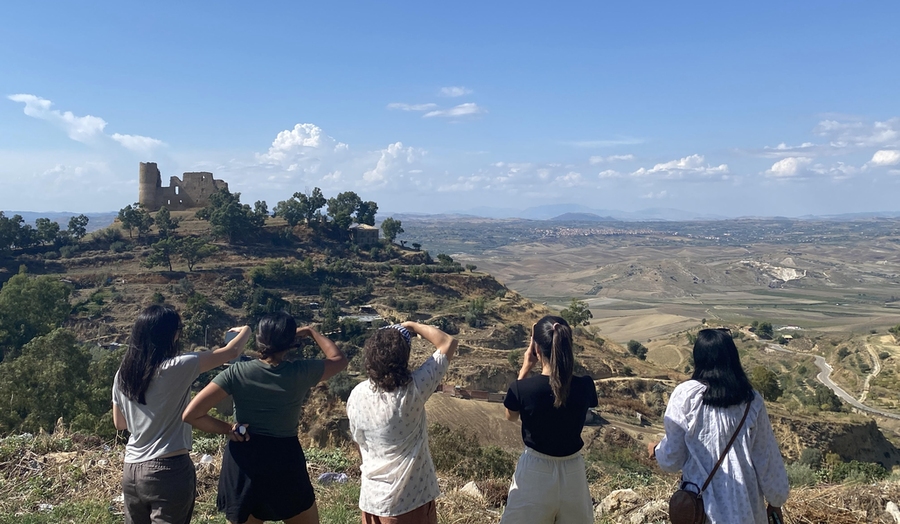 5 women, seen from behind, use cell phones to image an Italian hillside town on a sunny day