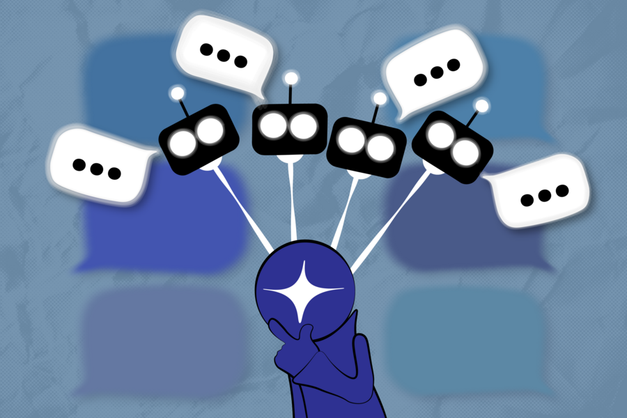 A purple figure with a four-pointed star on its face is connected by nodes to four tiny black robots above it. These machines each give their input to different prompts, which are represented as speech bubbles.