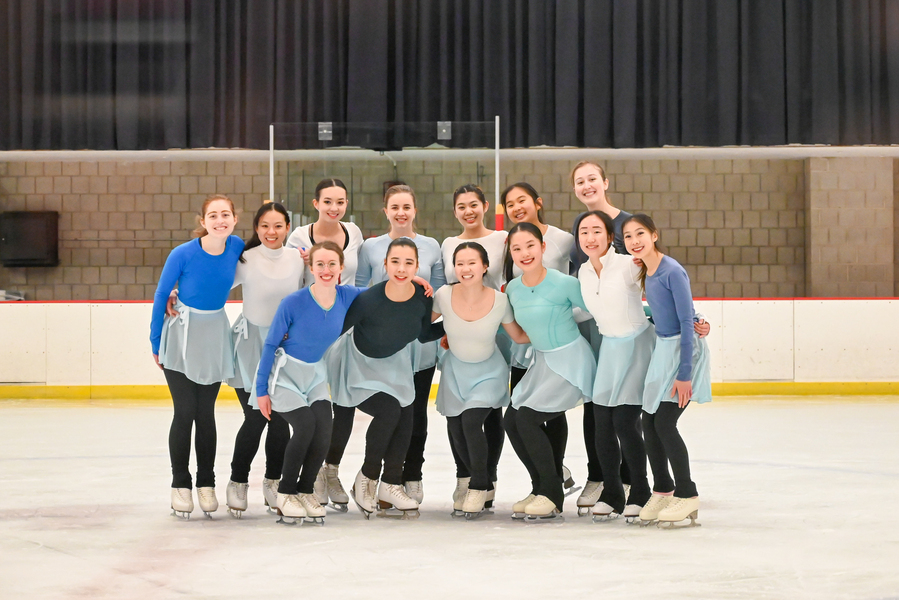13 members of the MIT Figure Skating Club pose together at mid ice on a skating rink.
