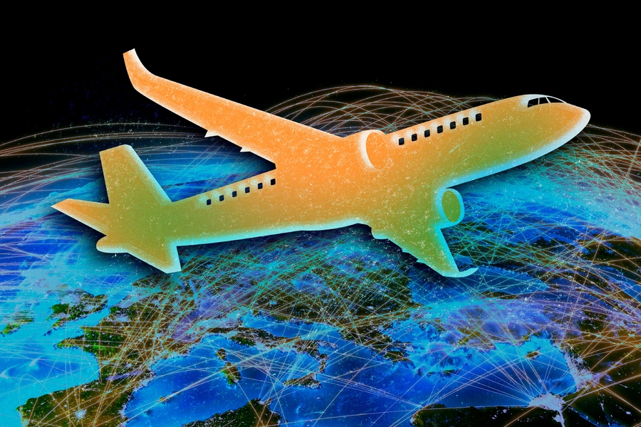 Plane over globe, showing plane routes from big cities