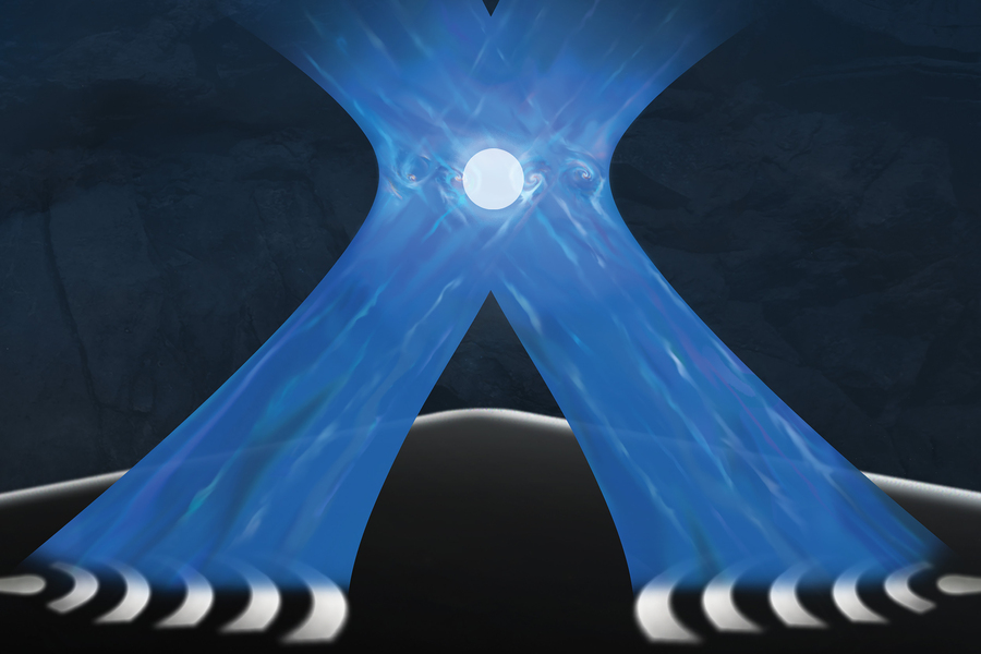 Two beams of blue light intersect and a spherical ion is at the center.