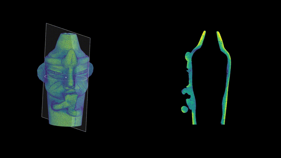 Animated gif of an ancient whistle rotating while being scanned.
