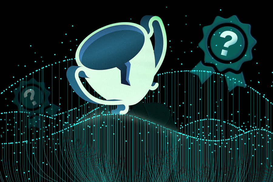 A cracked trophy submerged in data.