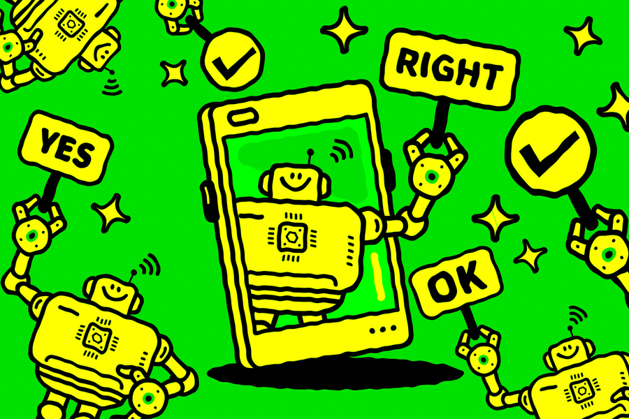 A robot holds signs saying, “yes! OK! Right!”