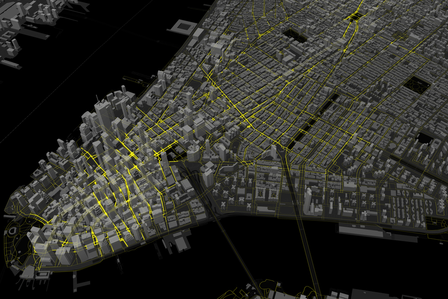 A map showing pedestrian volumes (in yellow) in lower Manhattan.