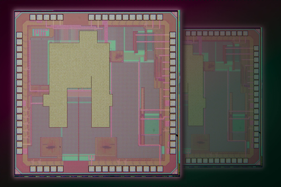 A large view of the tiny chip shows grids and holes.