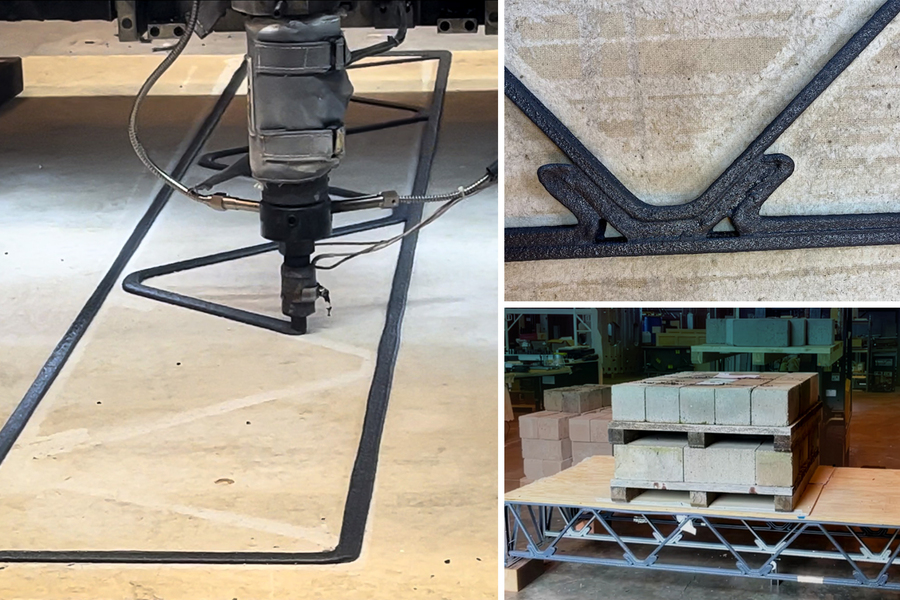 Three photos show examples of flooring being 3D-printed. First it is extruded to create foundation and joints. The final looks like a table as it shows the layers of materials.