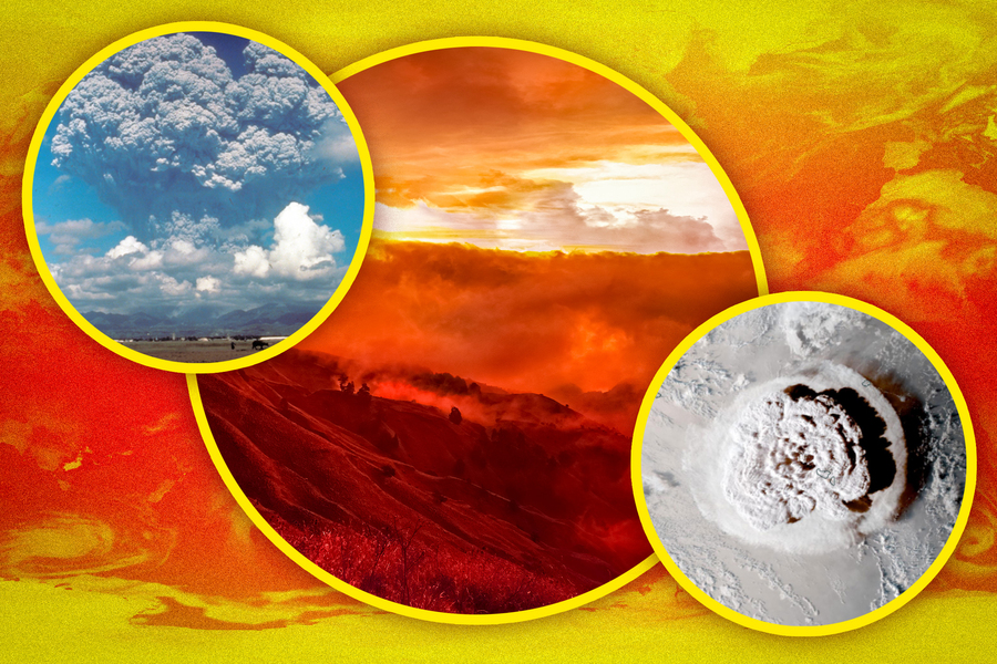Three photos show: gigantic plume rising from ground; a vast valley on fire; and a satellite view of a giant plume arising from the ocean.