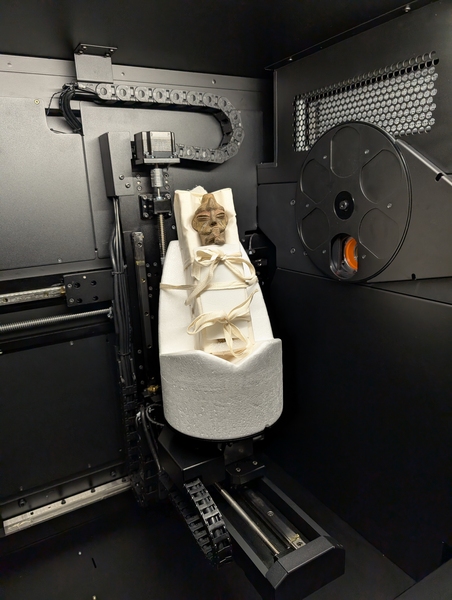 An ancient whistle is affixed to polystyrene within a metal chamber.