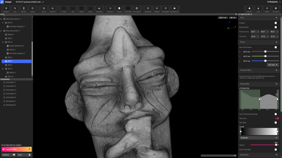 An ancient whistle is seen through an X-ray visualization tool screenshot