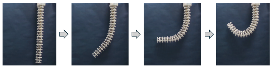 A cylindrical shape comprised of wire coils gradually bends into a C shape