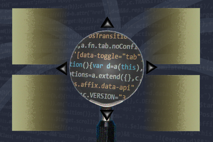 Some code is highlighted by a magnifying glass, while faint, white lines sprout out behind it. In the dark blue background, there are smaller lines of code.