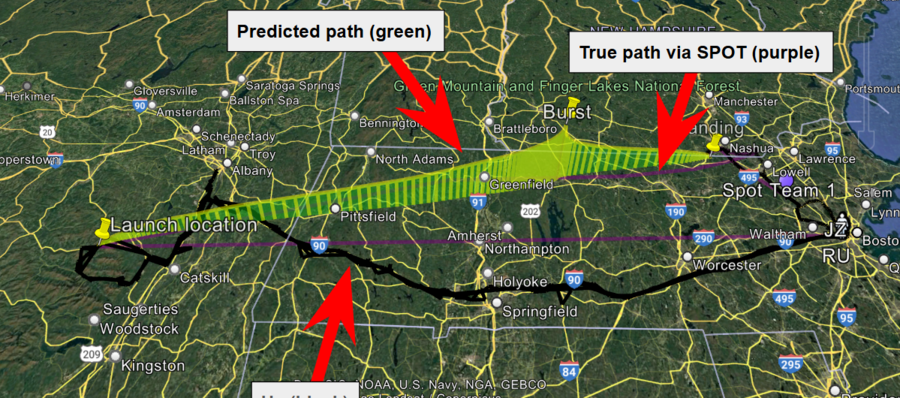 Topographical map of Massachusetts showing predicted and true flight paths, with geographic and road labels overlaid.