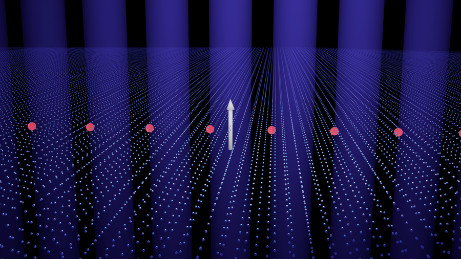 Hundreds of parallel lines comprised of spheres recede into the distance. In the middle ground are seven large red dots and a white 3D arrow pointing up.
