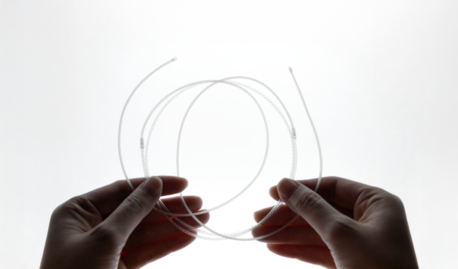 Two hands holding a coil of thin, transparent fiber tubing