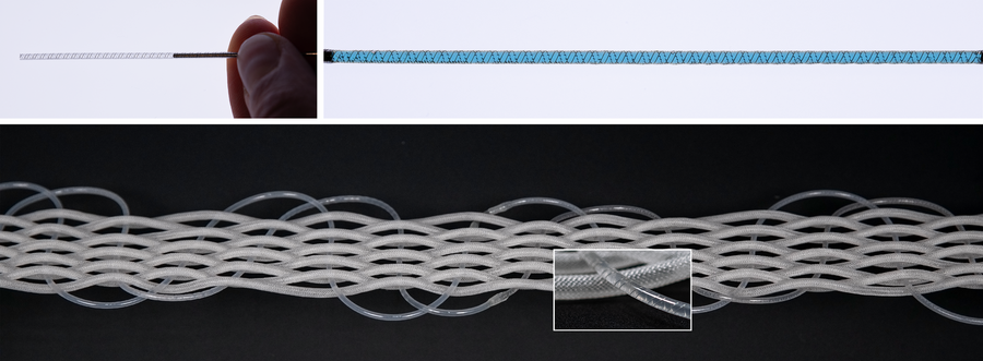 An image split into two parts: the top features human fingers gripping a thin piping mechanism, while the bottom shows a close-up of the woven piping that includes white and transparent fibers