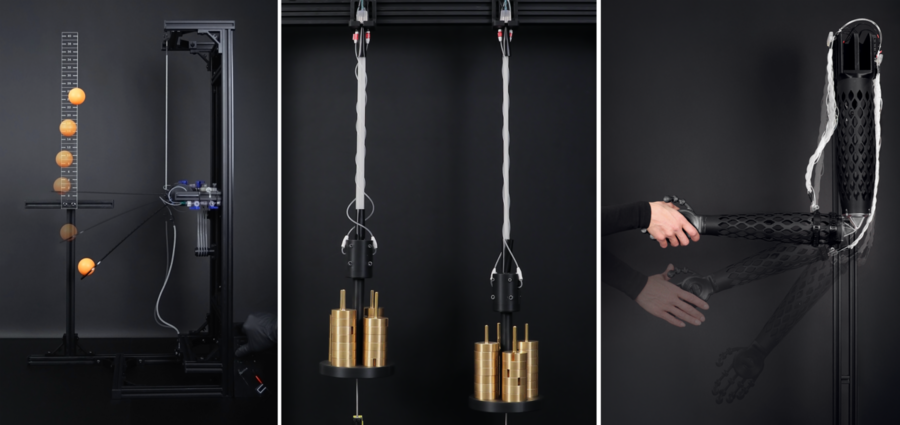 An image split into three frames depicting (1) a black mechanism lifting orange balls, (2) a weighted mechanism with white fibers and gold circular weights, and (3) a human arm clasping a black robotic arm and hand