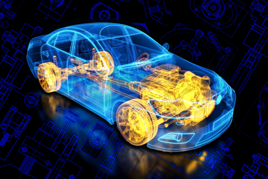 A transparent car with glowing parts.