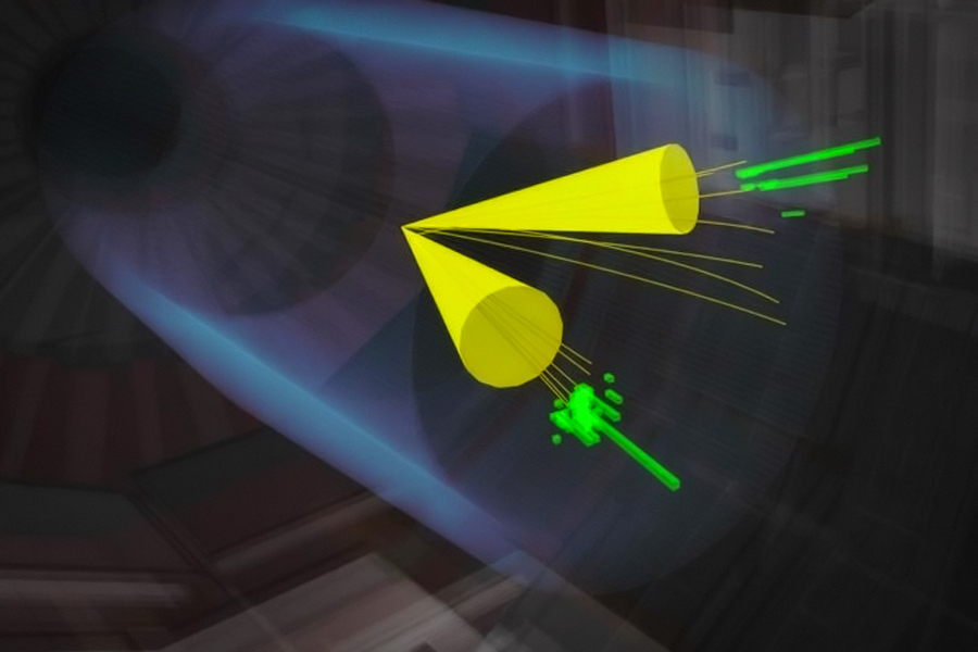 A rendering shows two particles interacting in a vast tube. The particles each create a yellow funnel showing their trajectory.