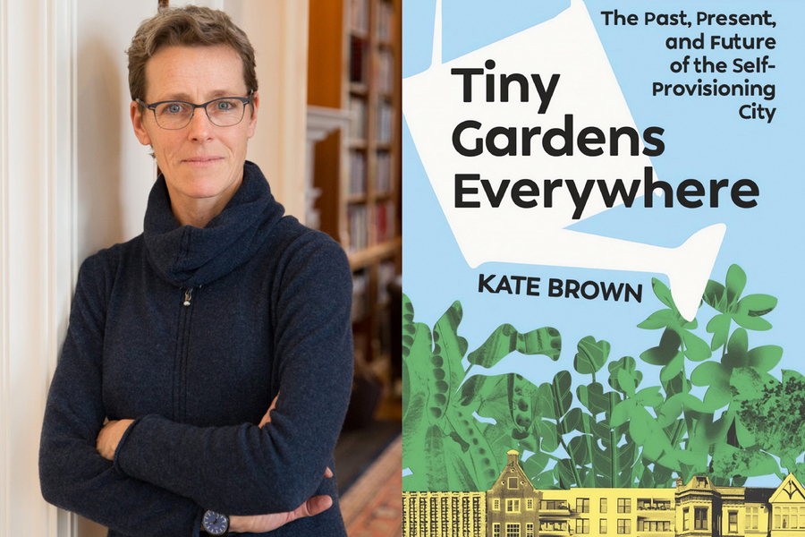 Portrait of Kate Brown, left. On right, the cover of the book shows a collage of oversized vines and plants over city buildings.