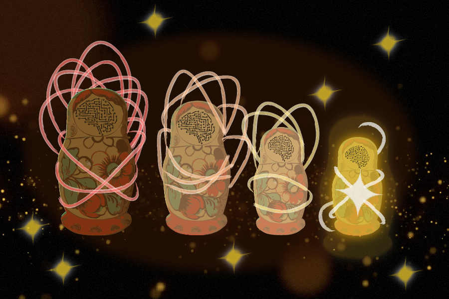 Four matryoshka nesting dolls get increasingly smaller and brighter while being enveloped by beams of light.