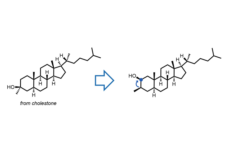 A schematic line drawing with hexagonal molecules and linear bonds depicting a relocated alcohol group on an organic molecule.