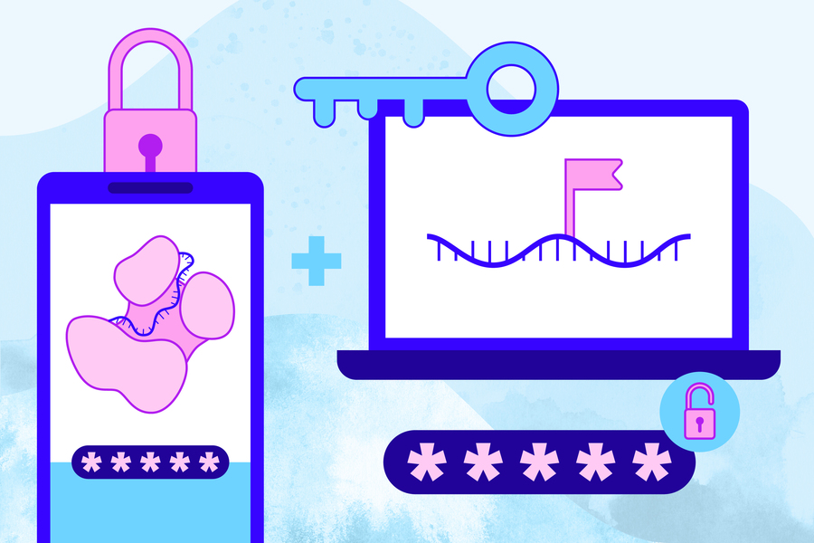 Cartoon illustration showing two-factor authentication as a lock and key on a phone and laptop screen, each displaying microRNA biology