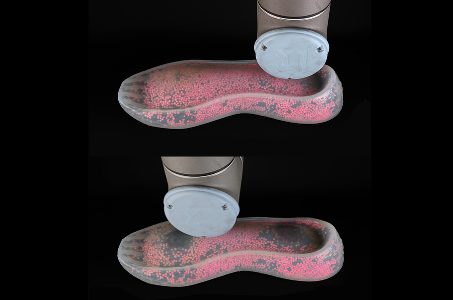 Before and after photos of a sneaker’s clear midsole. In the before picture, pink beads are evenly distributed; in the after, dark patches show where a weight was concentrated