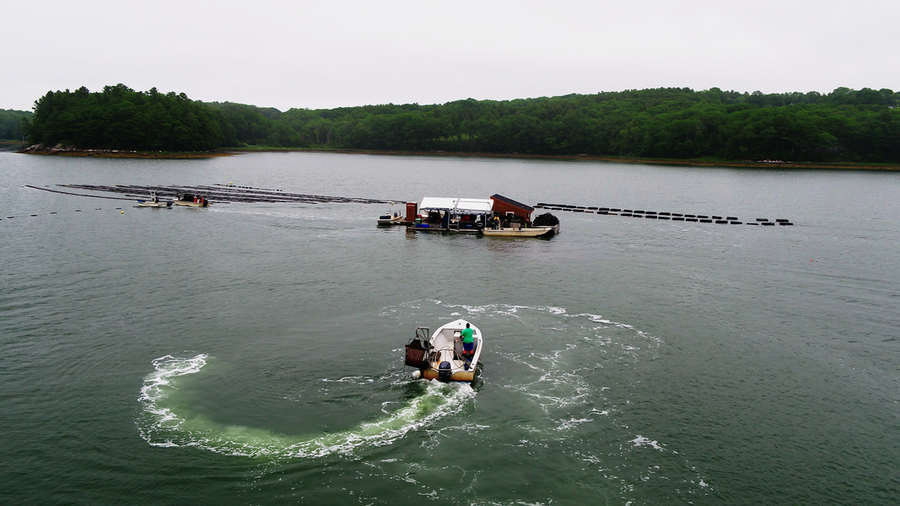 A small open boat approaches a barge near several floating booms