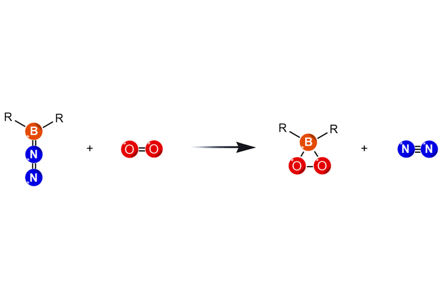 Schematic image depicting a boron-nitrogen molecule reacting with oxygen gas to form a new boron-oxygen compound.
