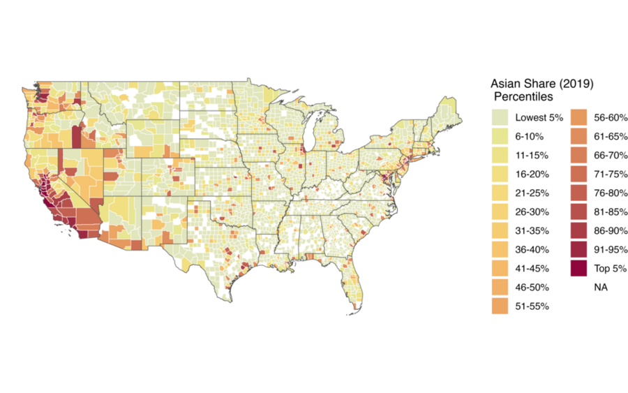 U.S. map showing county-level shares of Asian residents in 1980. Most counties display low shares, with higher concentration along the West Coast and in a few urban areas.